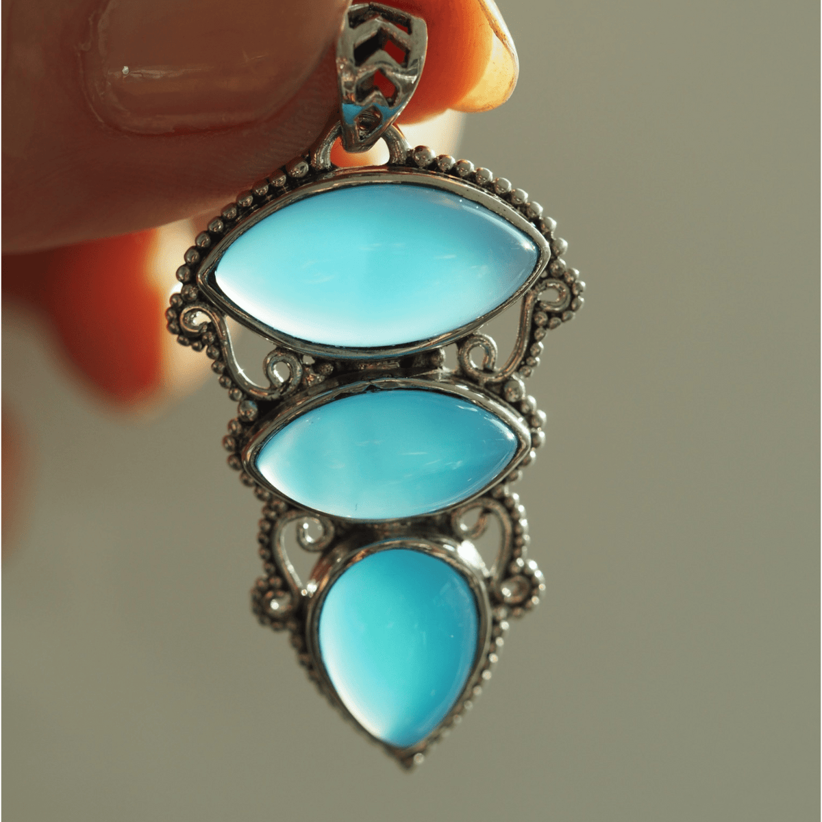 Sterling Silver Blue Chalcedony Talisman Pendant 925 Three Stone Drop Pendant - GlamGram NYC