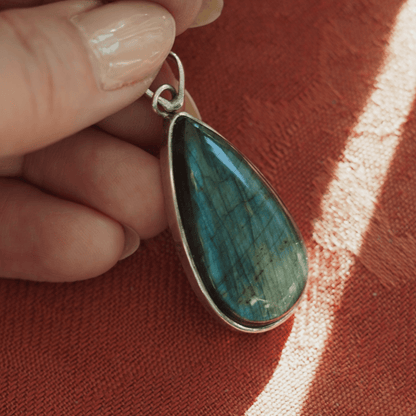 Sterling Silver Blue Flash Labradorite Talisman Pendant 925 Teardrop Pendant - GlamGram NYC