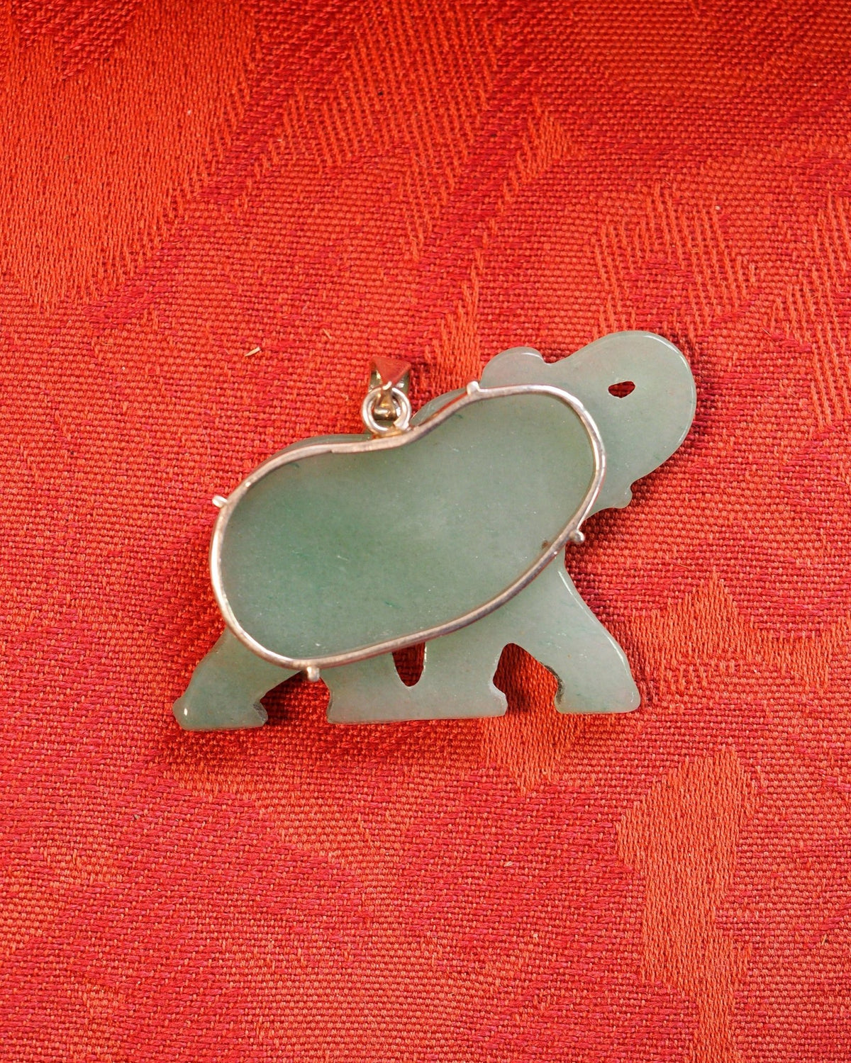 Sterling Silver Carved Aventurine Elephant Pendant, 2 Inch, 2000s Pendant - GlamGram NYC
