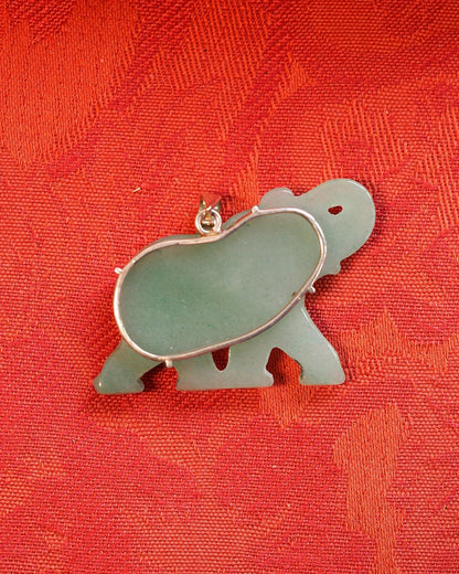 Sterling Silver Carved Aventurine Elephant Pendant, 2 Inch, 2000s Pendant - GlamGram NYC