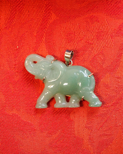 Sterling Silver Carved Aventurine Elephant Pendant, 2 Inch, 2000s Pendant - GlamGram NYC