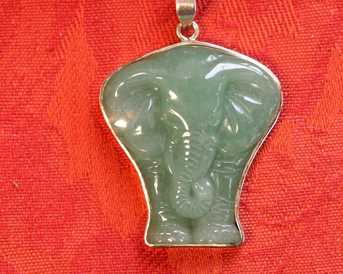 Sterling Silver Carved Aventurine Elephant Pendant, 2 Inch, 2000s Pendant - GlamGram NYC