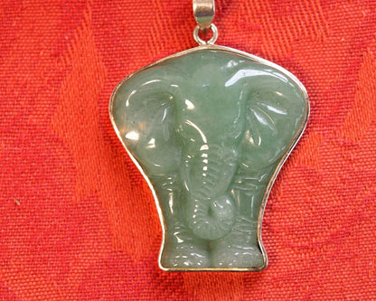 Sterling Silver Carved Aventurine Elephant Pendant, 2 Inch, 2000s Pendant - GlamGram NYC