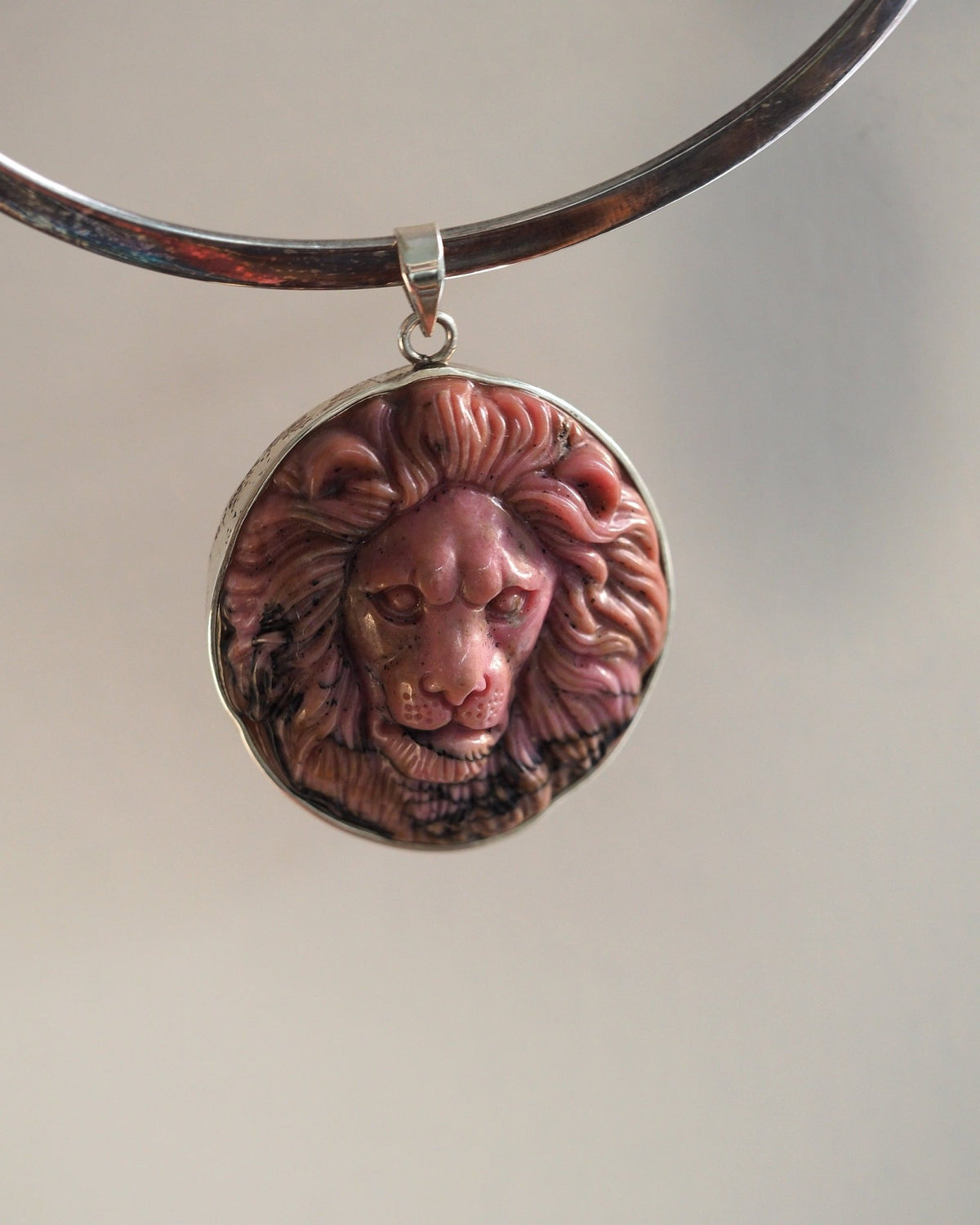 Sterling Silver Carved Rhodonite Lion Pendant 2.25 Inch Pendant - GlamGram NYC