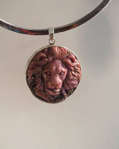 Sterling Silver Carved Rhodonite Lion Pendant 2.25 Inch Pendant - GlamGram NYC