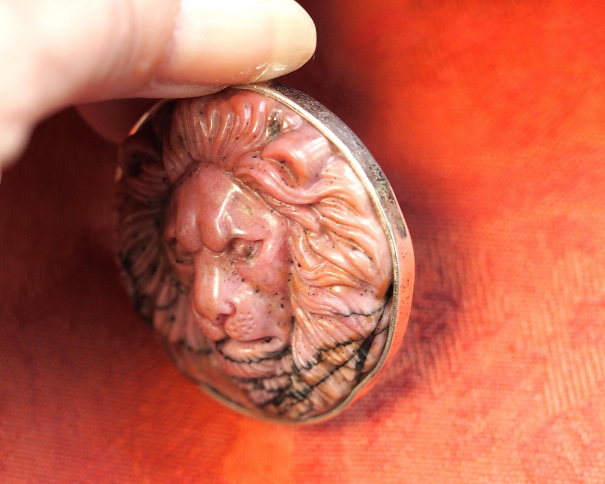 Sterling Silver Carved Rhodonite Lion Pendant 2.25 Inch Pendant - GlamGram NYC