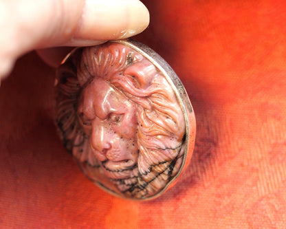 Sterling Silver Carved Rhodonite Lion Pendant 2.25 Inch Pendant - GlamGram NYC