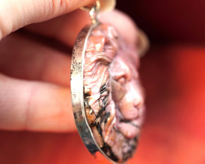 Sterling Silver Carved Rhodonite Lion Pendant 2.25 Inch Pendant - GlamGram NYC