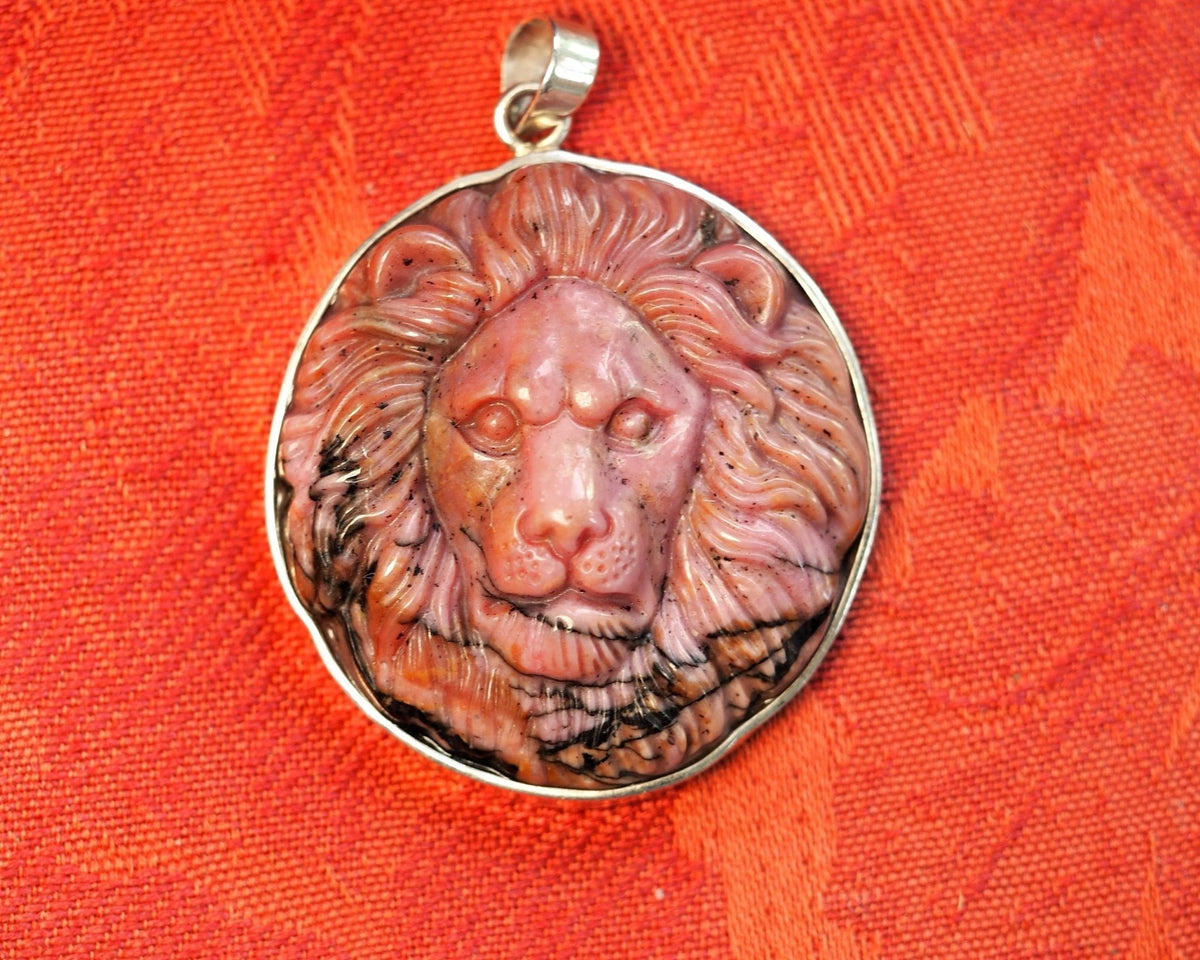 Sterling Silver Carved Rhodonite Lion Pendant 2.25 Inch Pendant - GlamGram NYC