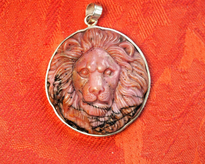 Sterling Silver Carved Rhodonite Lion Pendant 2.25 Inch Pendant - GlamGram NYC