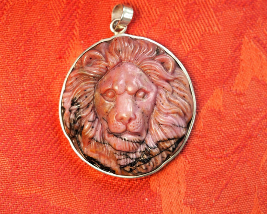 Sterling Silver Carved Rhodonite Lion Pendant 2.25 Inch Pendant - GlamGram NYC