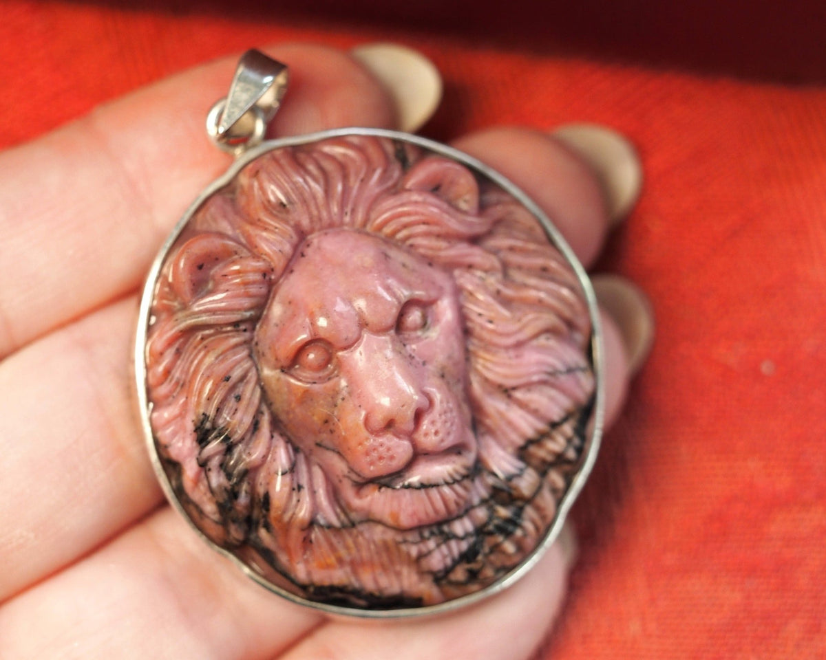 Sterling Silver Carved Rhodonite Lion Pendant 2.25 Inch Pendant - GlamGram NYC