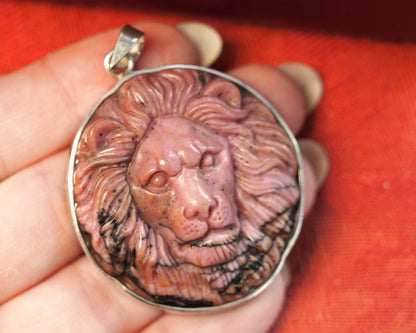 Sterling Silver Carved Rhodonite Lion Pendant 2.25 Inch Pendant - GlamGram NYC