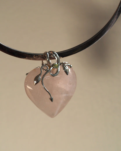 Sterling Silver Carved Rose Quartz Heart Pendant Peridot Accent Pendant - GlamGram NYC