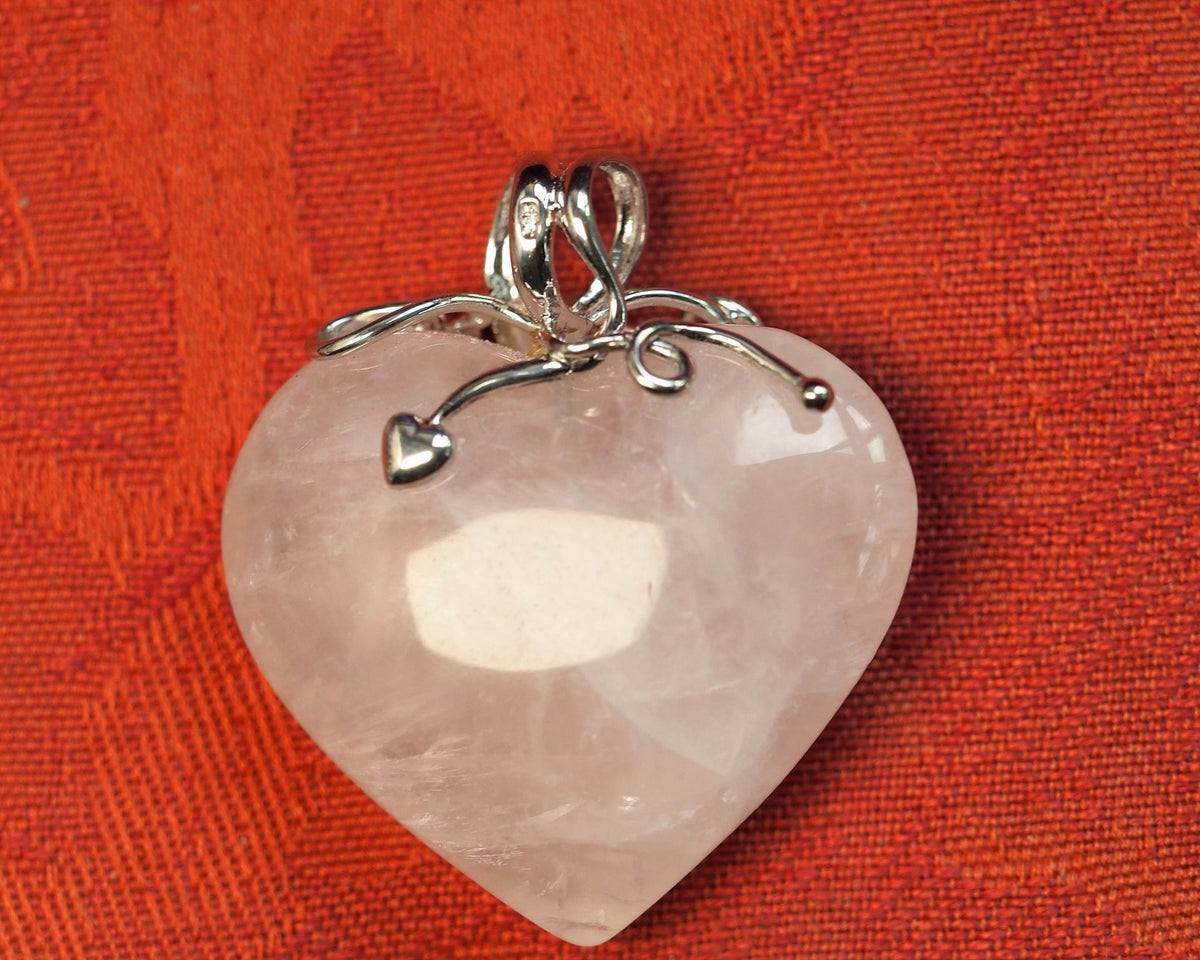Sterling Silver Carved Rose Quartz Heart Pendant Peridot Accent Pendant - GlamGram NYC