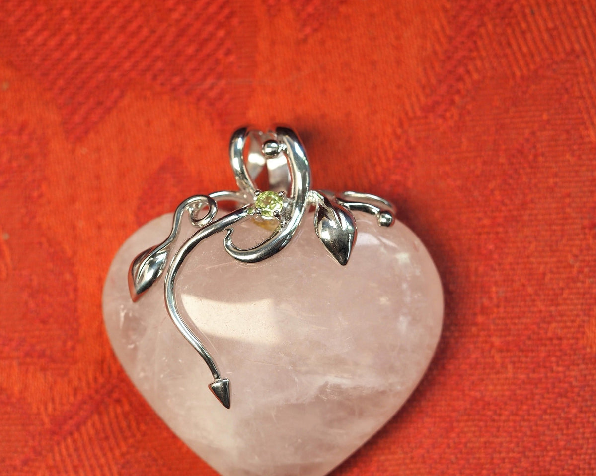 Sterling Silver Carved Rose Quartz Heart Pendant Peridot Accent Pendant - GlamGram NYC