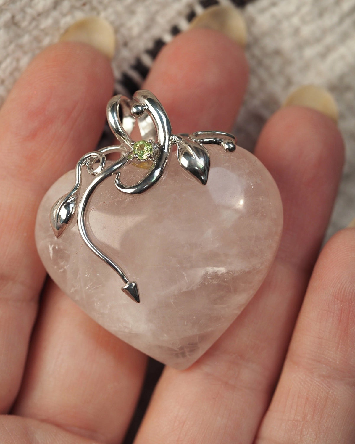 Sterling Silver Carved Rose Quartz Heart Pendant Peridot Accent Pendant - GlamGram NYC