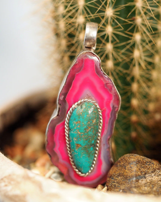 Sterling Silver Dyed Pink Agate Slice Pendant with Blue-Green Cabochon Pendant - GlamGram NYC
