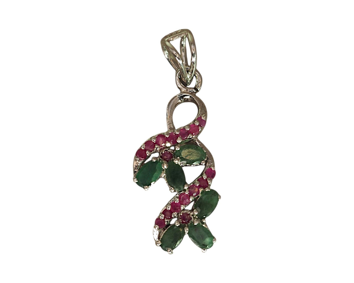 Sterling Silver Emerald Ruby Pendant, Floral Vine Gemstone Cluster, 1990s Green and Red Stone Jewelry, Romantic Gift for Her Pendant - GlamGram NYC