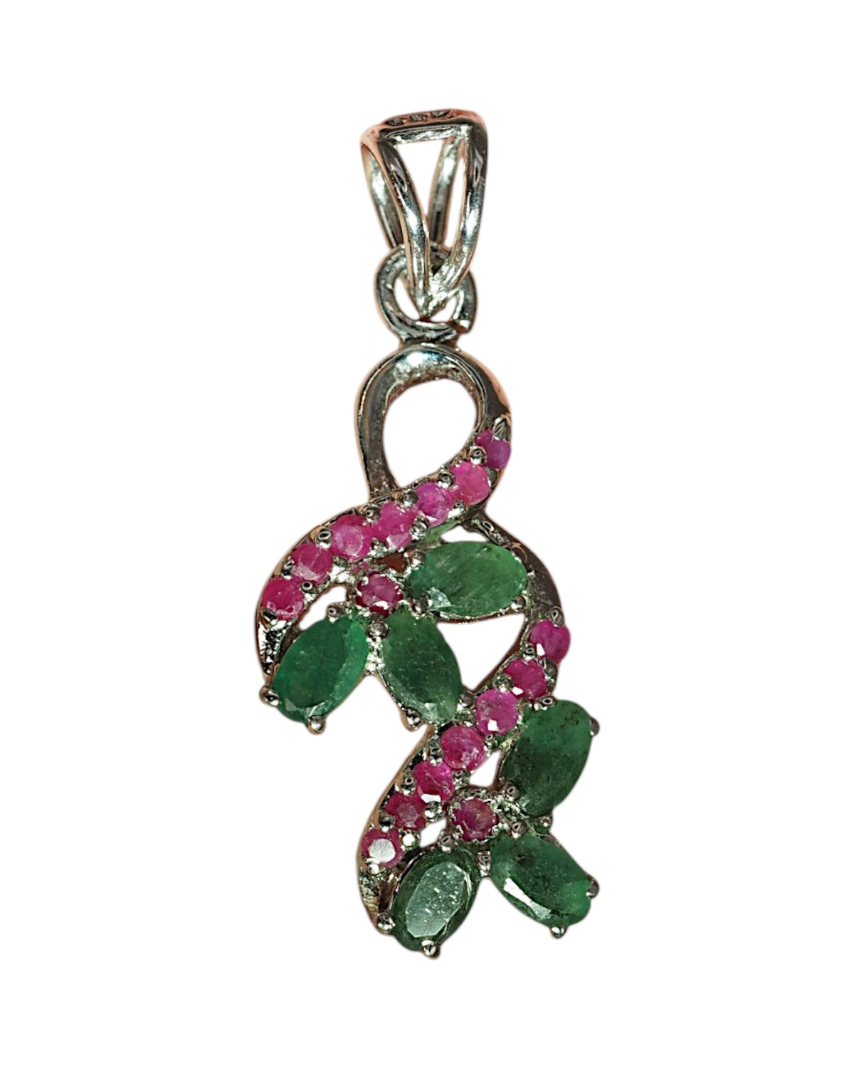 Sterling Silver Emerald Ruby Pendant, Floral Vine Gemstone Cluster, 1990s Green and Red Stone Jewelry, Romantic Gift for Her Pendant - GlamGram NYC