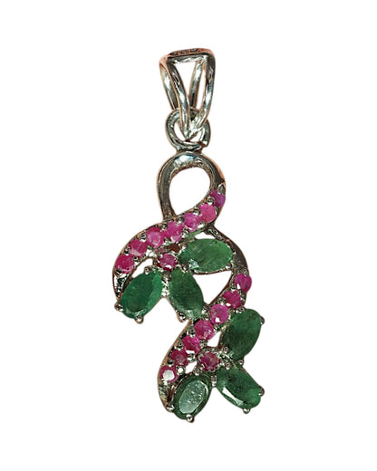 Sterling Silver Emerald Ruby Pendant, Floral Vine Gemstone Cluster, 1990s Green and Red Stone Jewelry, Romantic Gift for Her Pendant - GlamGram NYC