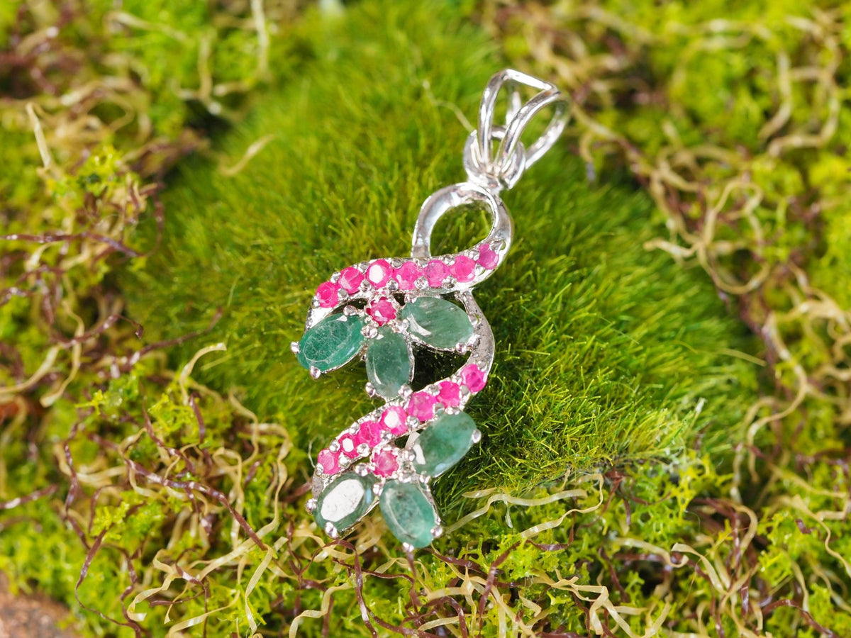 Sterling Silver Emerald Ruby Pendant, Floral Vine Gemstone Cluster, 1990s Green and Red Stone Jewelry, Romantic Gift for Her Pendant - GlamGram NYC