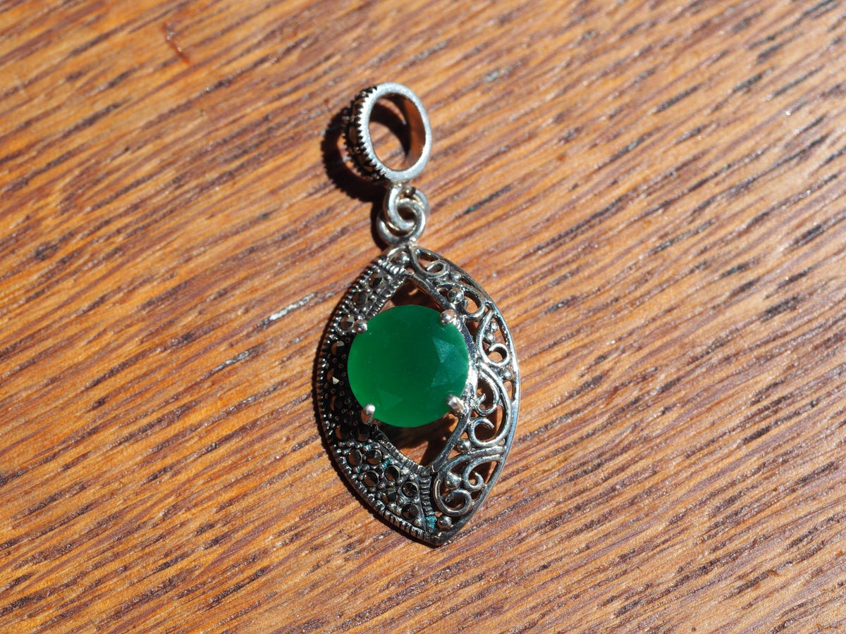 Sterling Silver Filigree Pendant, Green Stone and Marcasite Teardrop, Dainty Charm for Necklace or Bracelet, Vintage Style Gift Pendant - GlamGram NYC