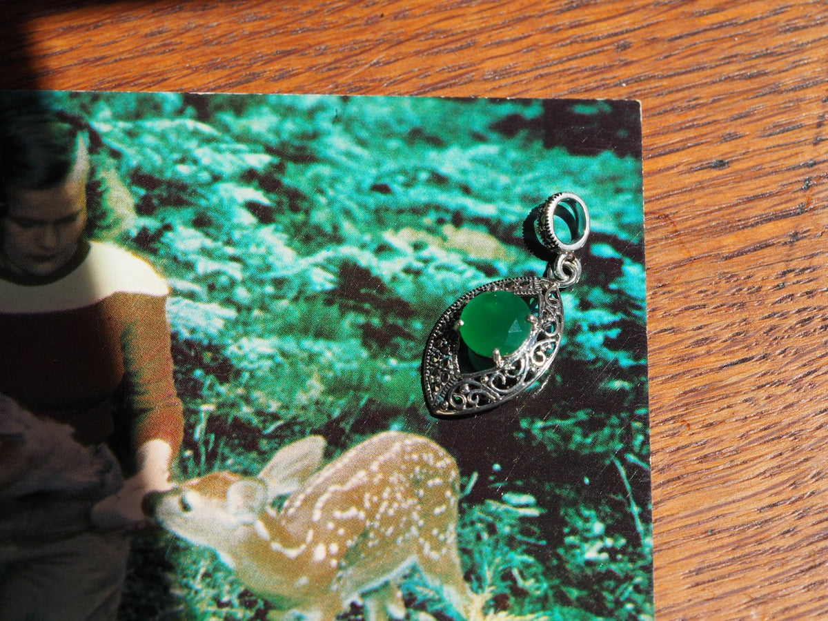 Sterling Silver Filigree Pendant, Green Stone and Marcasite Teardrop, Dainty Charm for Necklace or Bracelet, Vintage Style Gift Pendant - GlamGram NYC