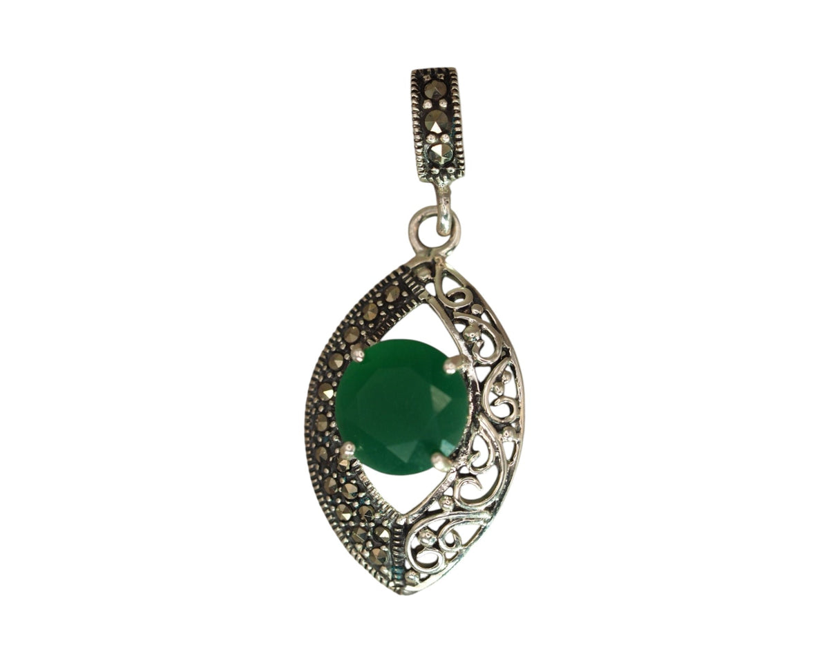 Sterling Silver Filigree Pendant with Green Stone and Marcasite Pendant - GlamGram NYC