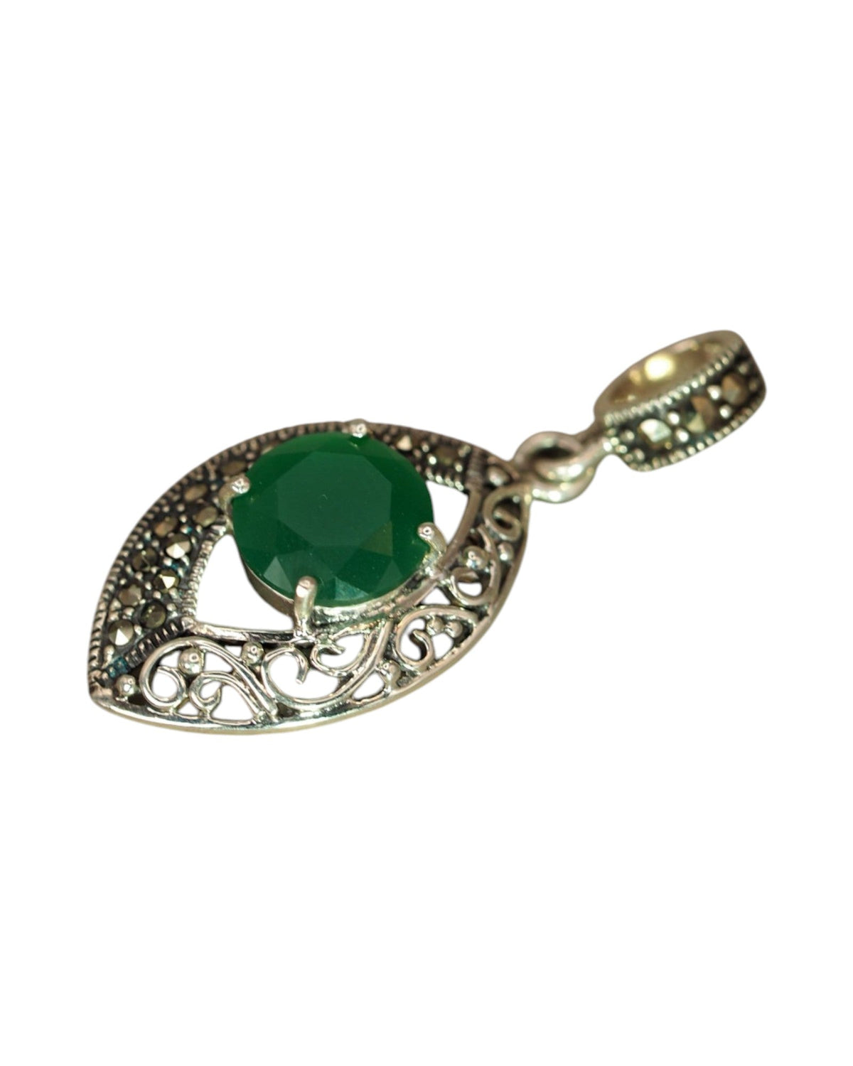 Sterling Silver Filigree Pendant with Green Stone and Marcasite Pendant - GlamGram NYC