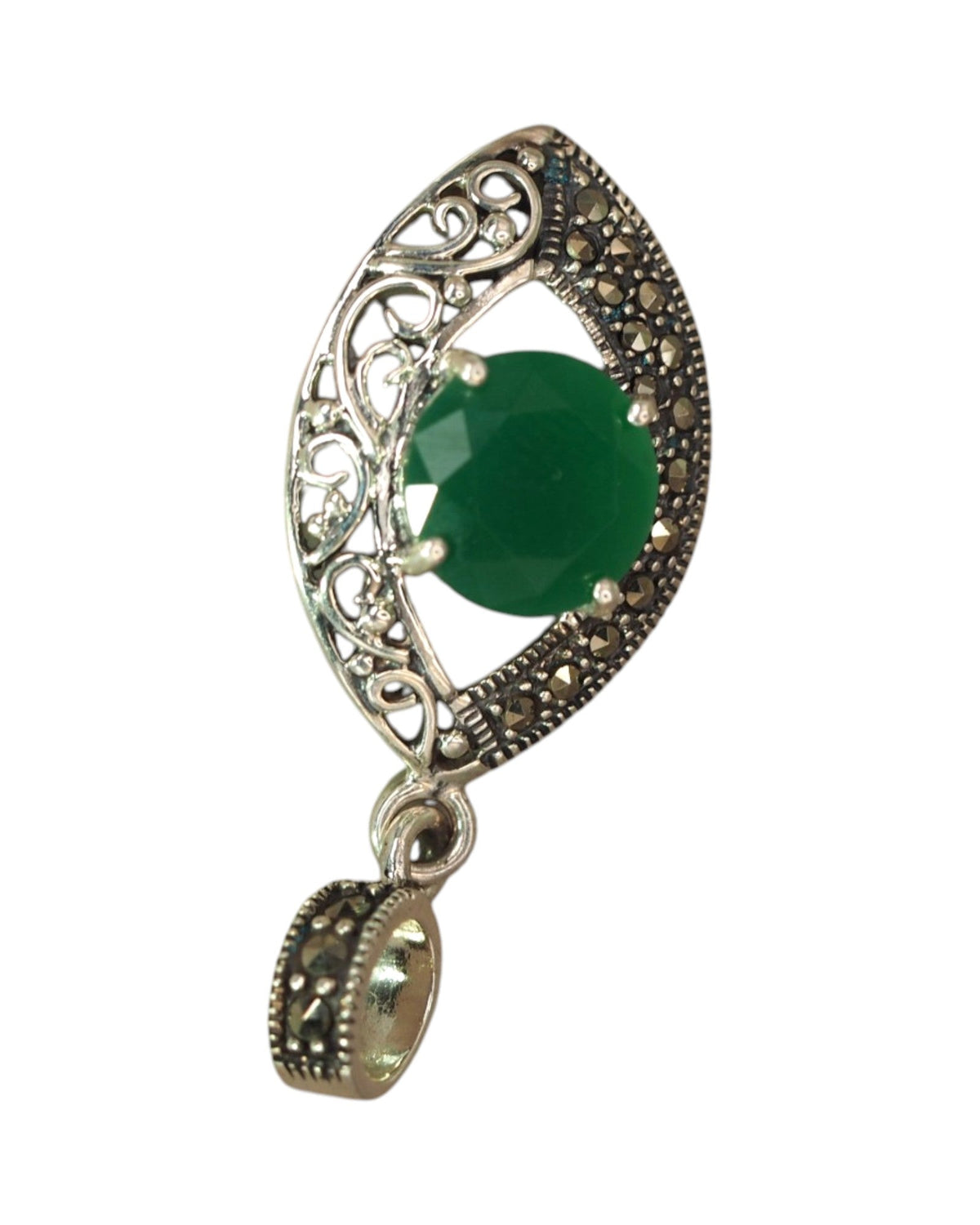 Sterling Silver Filigree Pendant with Green Stone and Marcasite Pendant - GlamGram NYC