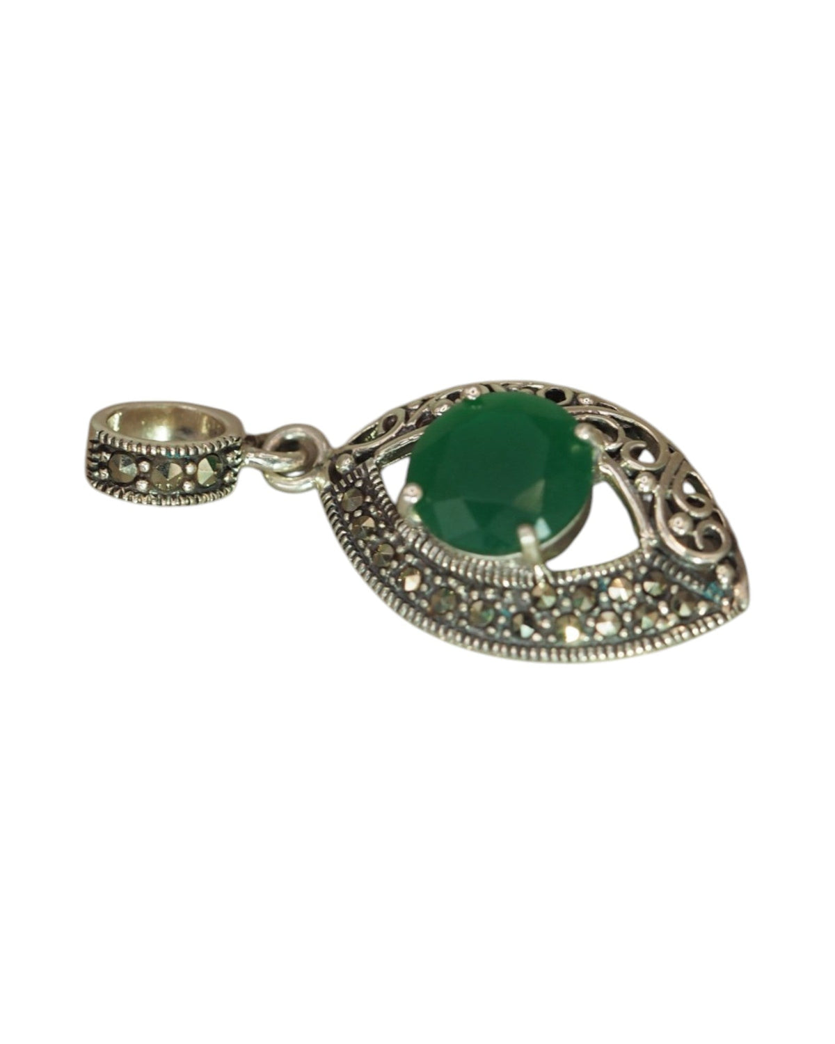 Sterling Silver Filigree Pendant with Green Stone and Marcasite Pendant - GlamGram NYC