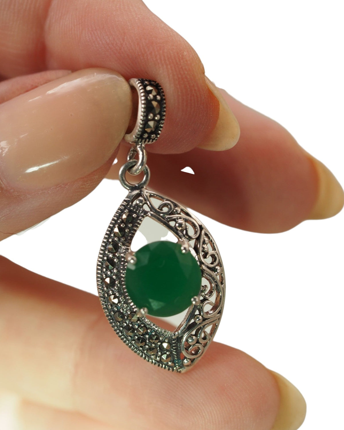 Sterling Silver Filigree Pendant with Green Stone and Marcasite Pendant - GlamGram NYC