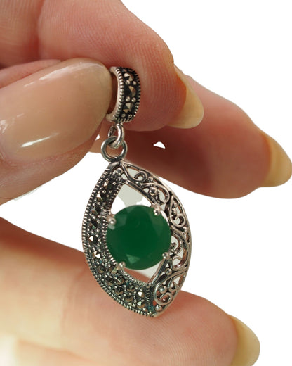 Sterling Silver Filigree Pendant with Green Stone and Marcasite Pendant - GlamGram NYC