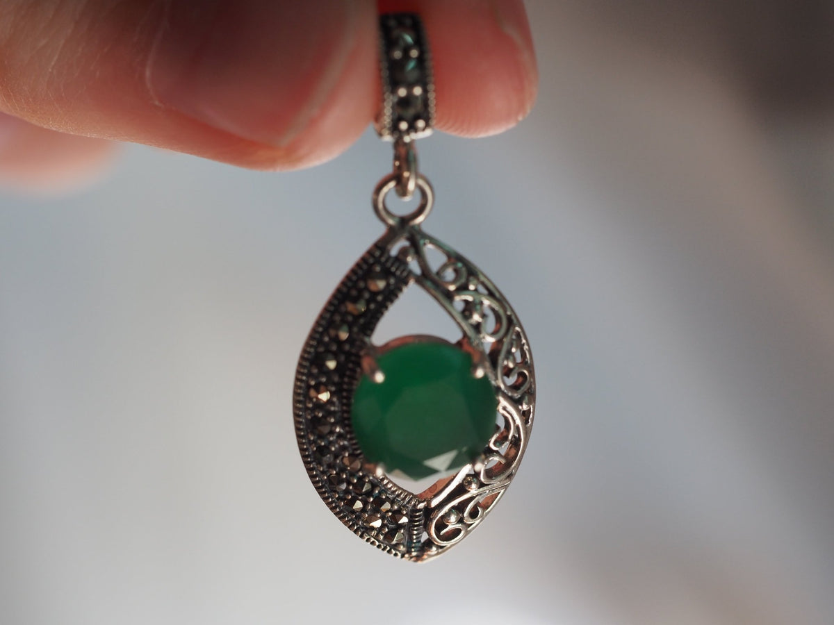 Sterling Silver Filigree Pendant with Green Stone and Marcasite Pendant - GlamGram NYC