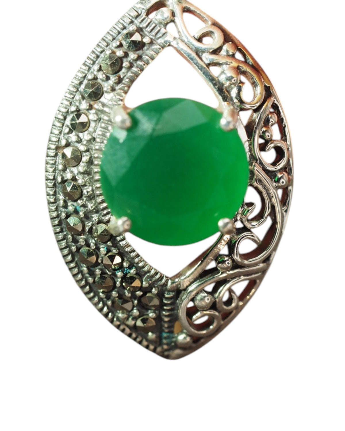 Sterling Silver Filigree Pendant with Green Stone and Marcasite Pendant - GlamGram NYC