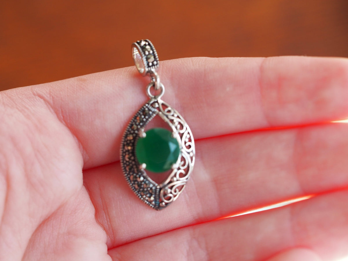 Sterling Silver Filigree Pendant with Green Stone and Marcasite Pendant - GlamGram NYC