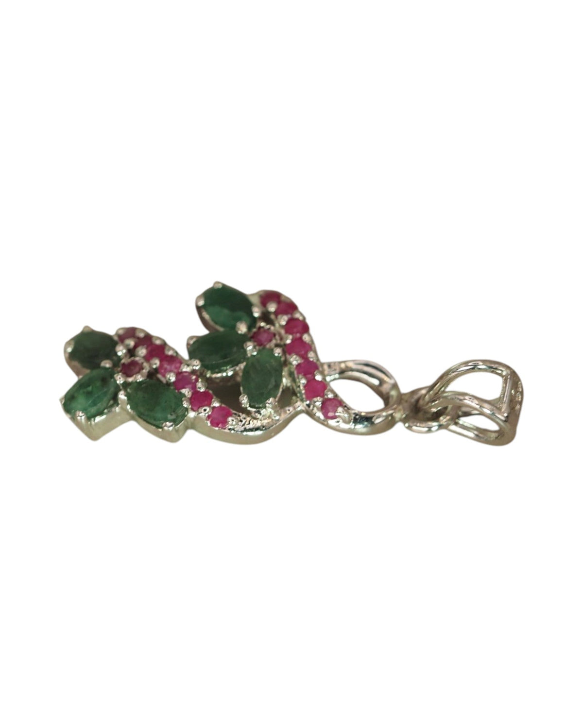 Sterling Silver Green & Red Gemstone Floral Vine Pendant Pendant - GlamGram NYC