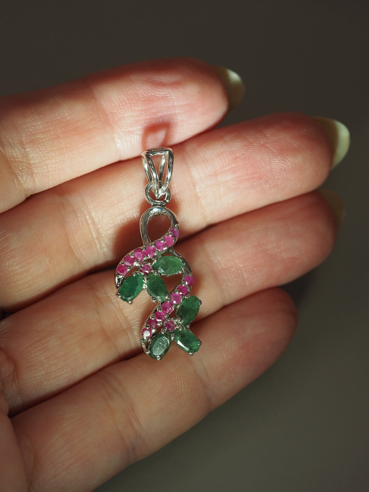 Sterling Silver Green & Red Gemstone Floral Vine Pendant Pendant - GlamGram NYC