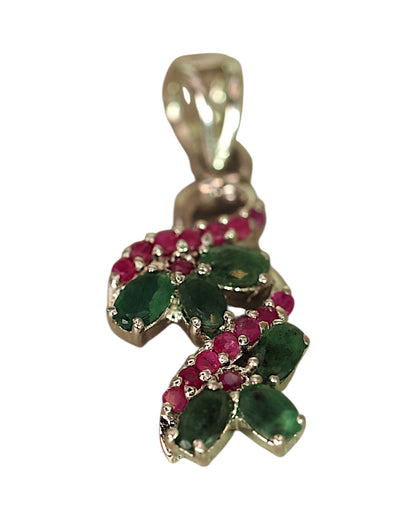 Sterling Silver Green & Red Gemstone Floral Vine Pendant Pendant - GlamGram NYC