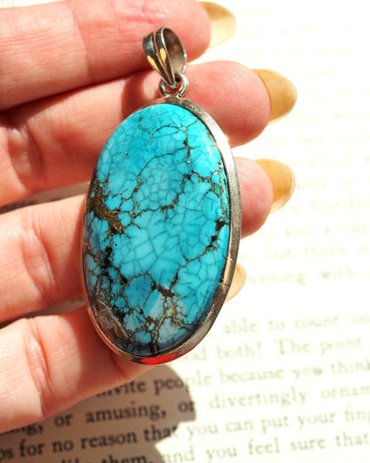 Sterling Silver Large Oval Turquoise Pendant, 2 3/8 Inch Pendant - GlamGram NYC