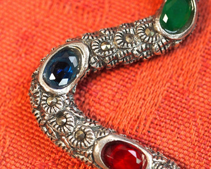 Sterling Silver Marcasite Multicolor Cabochon Snake Pendant 4.75 Inch Pendant - GlamGram NYC
