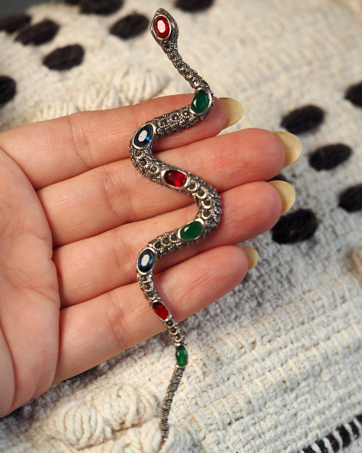 Sterling Silver Marcasite Multicolor Cabochon Snake Pendant 4.75 Inch Pendant - GlamGram NYC