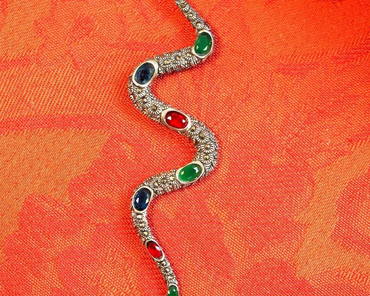 Sterling Silver Marcasite Multicolor Cabochon Snake Pendant 4.75 Inch Pendant - GlamGram NYC