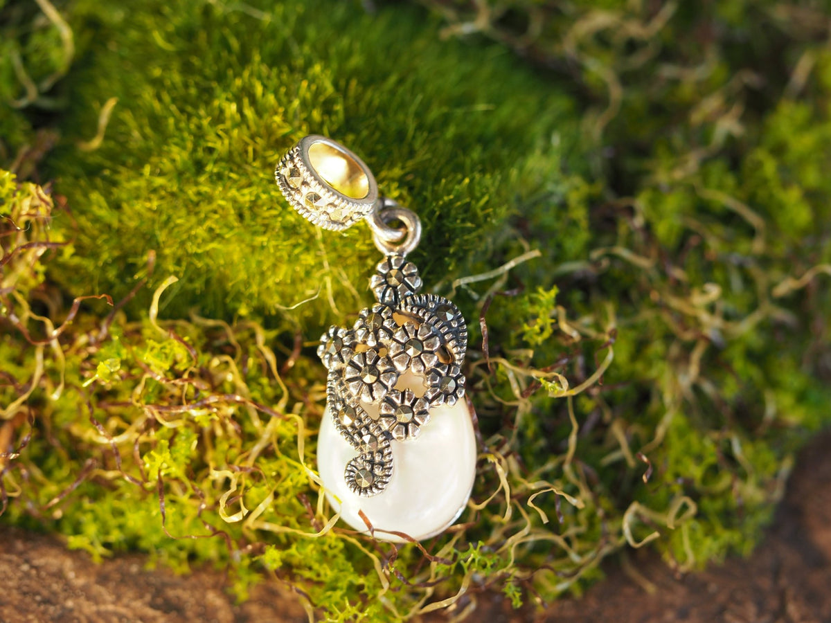 Sterling Silver Mother of Pearl Charm, Marcasite Floral Teardrop Pendant, Art Nouveau Style Jewelry, Romantic Gift for Her Charm - GlamGram NYC