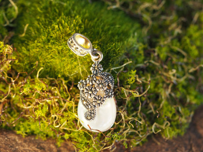 Sterling Silver Mother of Pearl Charm, Marcasite Floral Teardrop Pendant, Art Nouveau Style Jewelry, Romantic Gift for Her Charm - GlamGram NYC