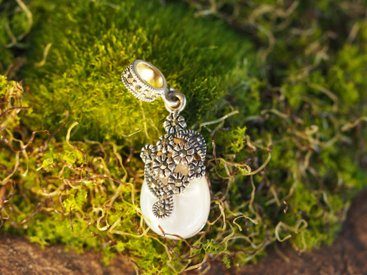 Sterling Silver Mother of Pearl Charm, Marcasite Floral Teardrop Pendant, Art Nouveau Style Jewelry, Romantic Gift for Her Charm - GlamGram NYC