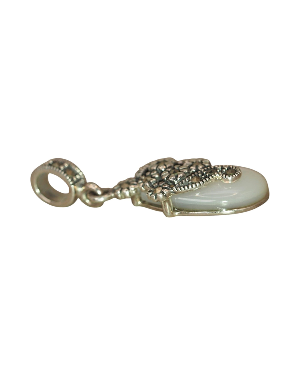 Sterling Silver Mother of Pearl Marcasite Charm, Floral Teardrop Pendant Charm - GlamGram NYC