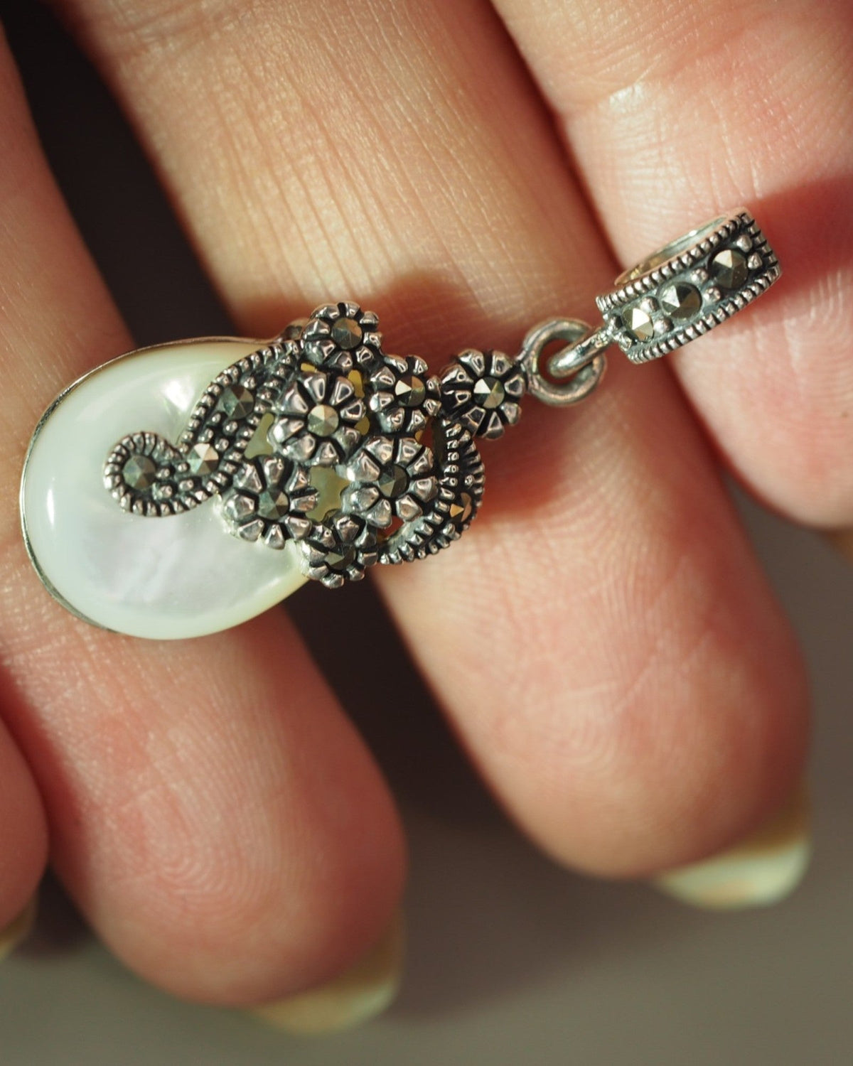 Sterling Silver Mother of Pearl Marcasite Charm, Floral Teardrop Pendant Charm - GlamGram NYC