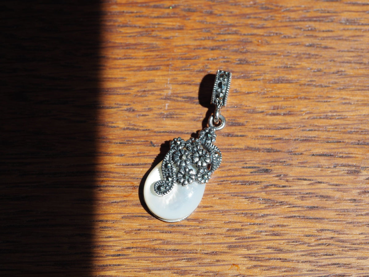Sterling Silver Mother of Pearl Marcasite Charm, Floral Teardrop Pendant Charm - GlamGram NYC